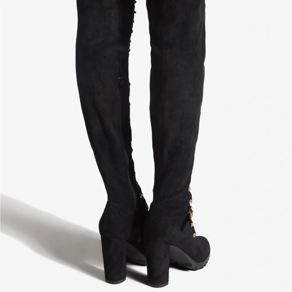 Black lace up thigh high heeled boots new!! Size 8 - Picture 3 of 4